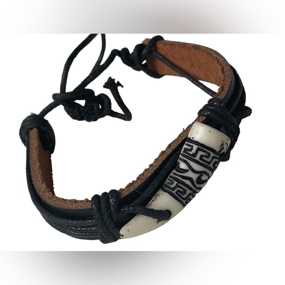 Tribal Black Leather & Cord Imitation Crocodile Tooth Mens Bracelet Jewelry - Picture 9 of 10